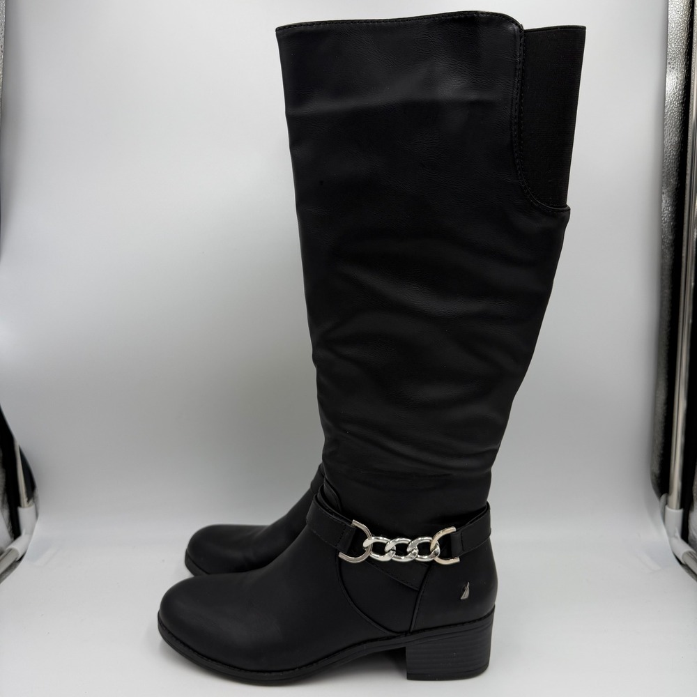 Nautica Paysen Black Knee High Boots Womens Size 6 Riding Boots Vegan Leather